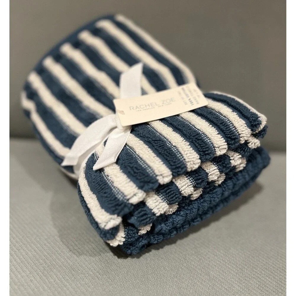 Rachel Zoe Hand Towels 2 Piece Midnight Blue Stripe & Solid Blue Cotton New